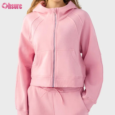 Jaqueta de treino feminina com zíper completo vintage com logotipo personalizado para corrida de inverno, ioga, academia, capuz, orifícios para polegar, forro de tecido de malha