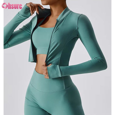 Top curto esportivo de fitness com zíper completo em nylon/elastano 230GSM, manga longa, logotipo personalizado, roupa esportiva com zíper para mulheres