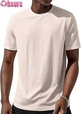Camiseta básica masculina de manga curta, casual, gola redonda, canelada