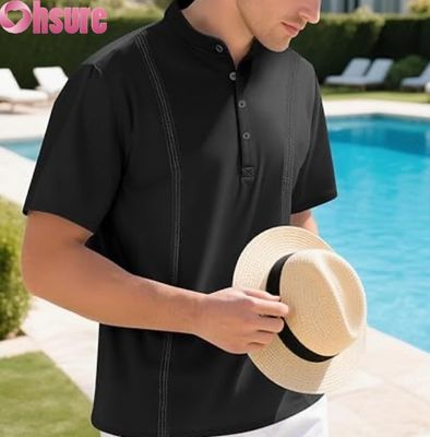 Camisetas casual Henley Clássico Botão T-Shirts de Verão de cor sólida
