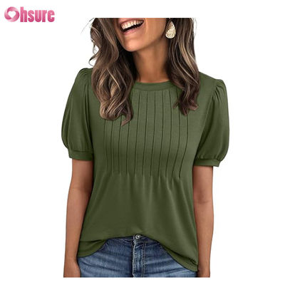 Blusas e Camisetas Femininas de Manga Curta Tops Vestidos Casuais Elegantes para Negócios com Pregas Moda de Verão 2025 Roupas Básicas Confortáveis