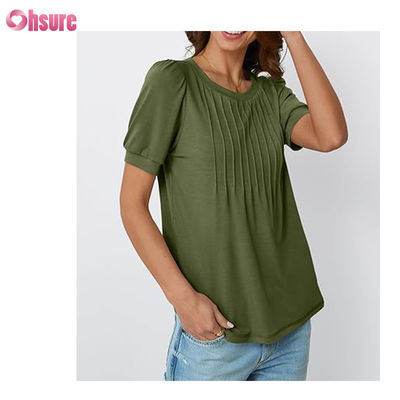 Blusas e Camisetas Femininas de Manga Curta Tops Vestidos Casuais Elegantes para Negócios com Pregas Moda de Verão 2025 Roupas Básicas Confortáveis