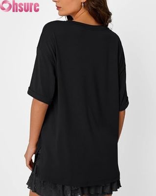 Camiseta Casual Oversized Feminina, Túnica Solta de Manga Curta com Fenda Lateral e Barra com Babados