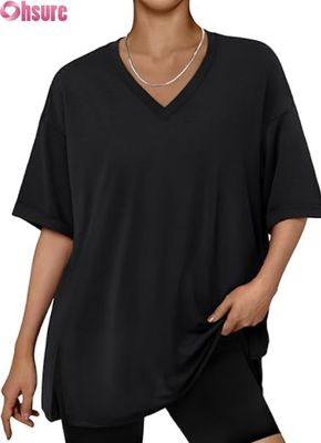 Camiseta Casual Oversized Feminina, Túnica Solta de Manga Curta com Fenda Lateral e Barra com Babados