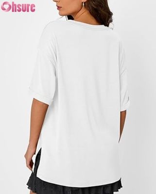 Camiseta Casual Oversized Feminina, Túnica Solta de Manga Curta com Fenda Lateral e Barra com Babados