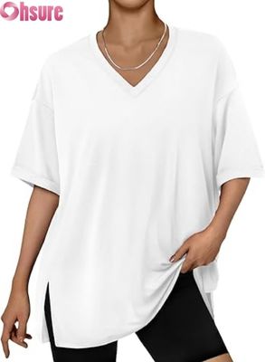 Camiseta Casual Oversized Feminina, Túnica Solta de Manga Curta com Fenda Lateral e Barra com Babados