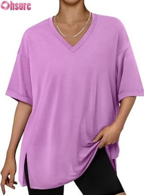 Camiseta Casual Oversized Feminina, Túnica Solta de Manga Curta com Fenda Lateral e Barra com Babados