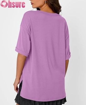 Camiseta Casual Oversized Feminina, Túnica Solta de Manga Curta com Fenda Lateral e Barra com Babados