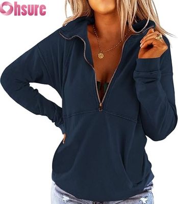 Moletom com zíper meio feminino Pullover casual com capuz de lã Fabricante OEM ODM