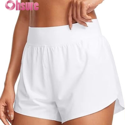 Shorts atléticos de corrida femininos estilo golfinho de cintura alta com forro de malha sexy e fenda alta de 3\" confortáveis para ioga