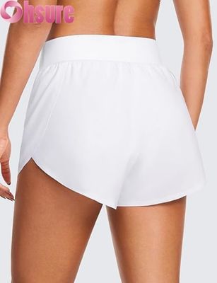 Shorts atléticos de corrida femininos estilo golfinho de cintura alta com forro de malha sexy e fenda alta de 3\" confortáveis para ioga