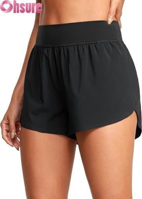 Shorts atléticos de corrida femininos estilo golfinho de cintura alta com forro de malha sexy e fenda alta de 3\" confortáveis para ioga