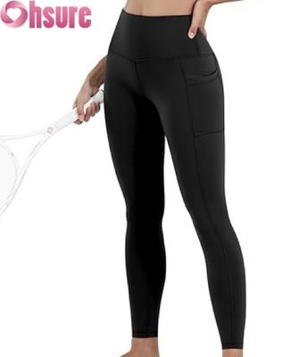 Leggings de ioga femininas de cintura alta com controle de barriga, fecho de cintura elástica e bolsos, calças de treino