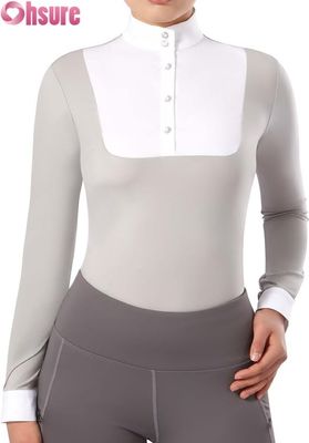 Camisa de competição de manga comprida para equitação feminina com design de patchwork | Vestuário de equitação OEM