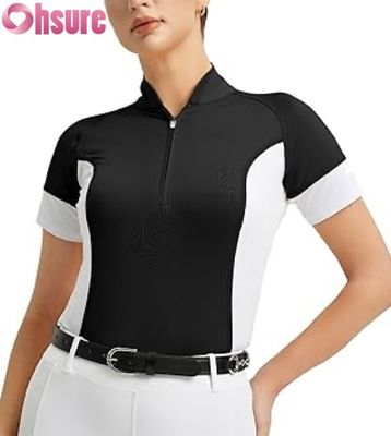 T-shirt de competição equestre personalizado para mulheres topes de show de equitação respirável de manga curta vestuário de equitação