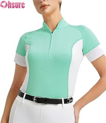 T-shirt de competição equestre personalizado para mulheres topes de show de equitação respirável de manga curta vestuário de equitação