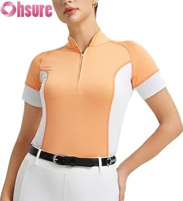 T-shirt de competição equestre personalizado para mulheres topes de show de equitação respirável de manga curta vestuário de equitação