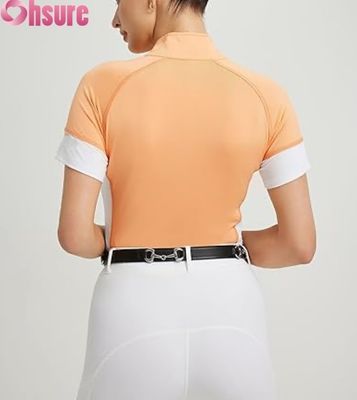 T-shirt de competição equestre personalizado para mulheres topes de show de equitação respirável de manga curta vestuário de equitação