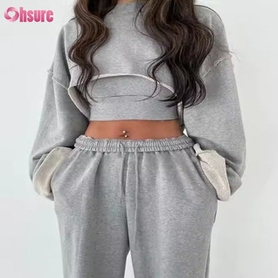Personalização Moda Desporto Francês Terry Sweatsuits Feminino 3 Peças Jogger Set Sweatpants e Cut Hem Crop Top Set