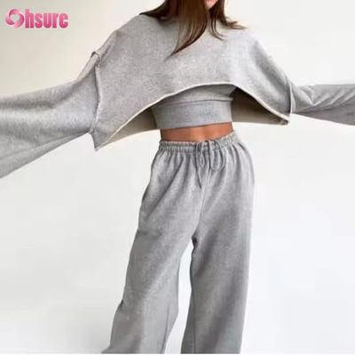 Personalização Moda Desporto Francês Terry Sweatsuits Feminino 3 Peças Jogger Set Sweatpants e Cut Hem Crop Top Set