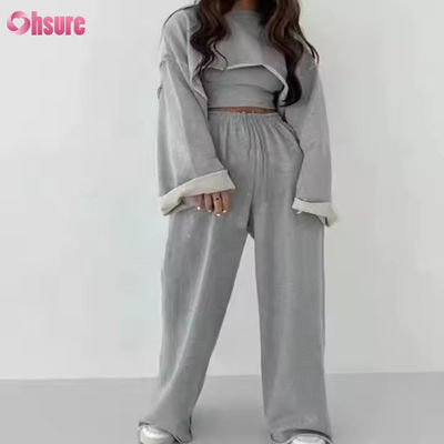 Personalização Moda Desporto Francês Terry Sweatsuits Feminino 3 Peças Jogger Set Sweatpants e Cut Hem Crop Top Set