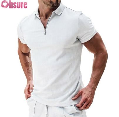 Manga curta casual de verão masculina para polo camiseta de algodão waffle tecido de malha design sustentável e em branco