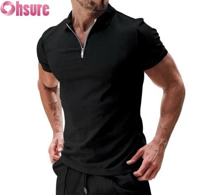 Manga curta casual de verão masculina para polo camiseta de algodão waffle tecido de malha design sustentável e em branco