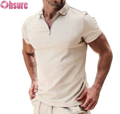 Manga curta casual de verão masculina para polo camiseta de algodão waffle tecido de malha design sustentável e em branco