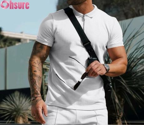 Manga curta casual de verão masculina para polo camiseta de algodão waffle tecido de malha design sustentável e em branco