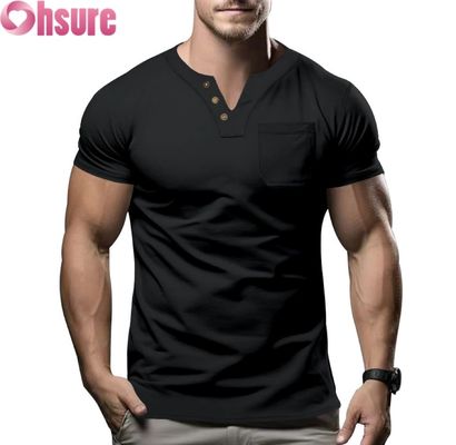 2025 Verão Novo Homem Casual V-Neck T-Shirt Slim Fit Manga Curta Top com Silk Screen Printing
