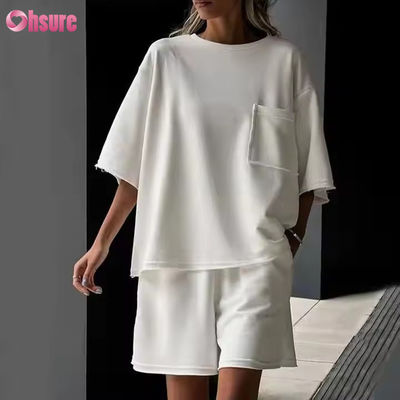 Traje de Verão Casual para Mulheres de Cor Sólida Pescoço Redondo Manga Curta Calções Elasticos de Exercício Roupas Desportivas Personalizadas Mulher