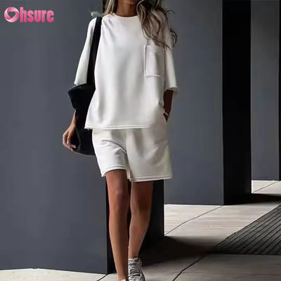 Traje de Verão Casual para Mulheres de Cor Sólida Pescoço Redondo Manga Curta Calções Elasticos de Exercício Roupas Desportivas Personalizadas Mulher