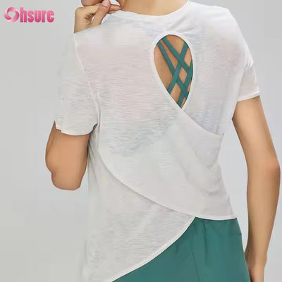 Camiseta feminina de ginástica de manga curta leve com costas vazadas, respirável, de secagem rápida, transparente, para ioga