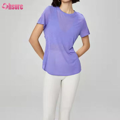 Camiseta feminina de ginástica de manga curta leve com costas vazadas, respirável, de secagem rápida, transparente, para ioga