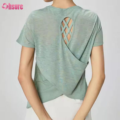 Camiseta feminina de ginástica de manga curta leve com costas vazadas, respirável, de secagem rápida, transparente, para ioga