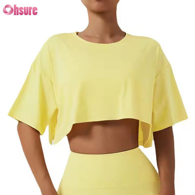 2025 Loose Quick Dry Running Workout Gym Top Fitness Training Yoga Vestuário Esporte T-shirts Crop Tops para mulheres