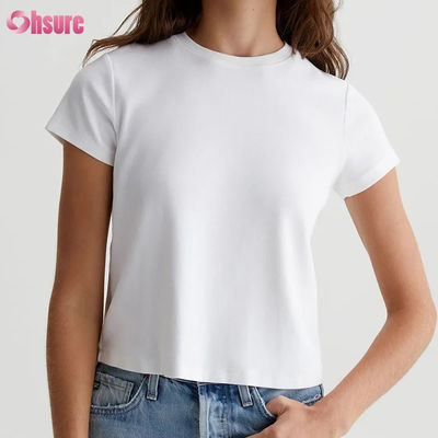 Solid Casual Custom Branco Feminino T-Shirt Crewneck Cortado - Silhueta Vintage, Tricotação de Costela de Mistura de Algodão, Staple Diário