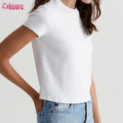 Solid Casual Custom Branco Feminino T-Shirt Crewneck Cortado - Silhueta Vintage, Tricotação de Costela de Mistura de Algodão, Staple Diário