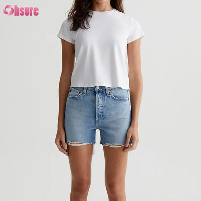 Solid Casual Custom Branco Feminino T-Shirt Crewneck Cortado - Silhueta Vintage, Tricotação de Costela de Mistura de Algodão, Staple Diário