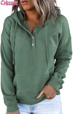 Moletom feminino casual solto com capuz e mangas compridas, com botões e logotipo frontal, tricotado para outono/inverno, com bolsos