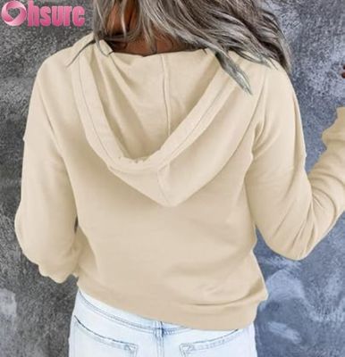 Moletom feminino casual solto com capuz e mangas compridas, com botões e logotipo frontal, tricotado para outono/inverno, com bolsos