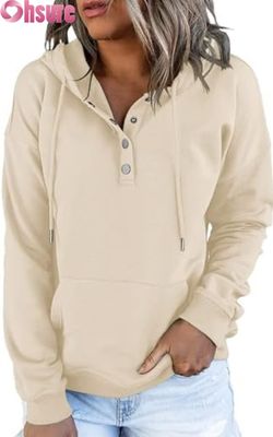 Moletom feminino casual solto com capuz e mangas compridas, com botões e logotipo frontal, tricotado para outono/inverno, com bolsos