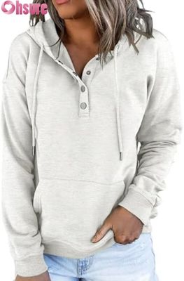 Moletom feminino casual solto com capuz e mangas compridas, com botões e logotipo frontal, tricotado para outono/inverno, com bolsos