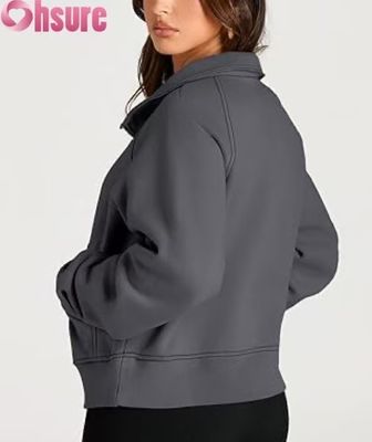 Moletom com capuz cropped de fleece com zíper 1/2 feminino personalizado | Moletom com zíper 1/4 de moda outono 2025