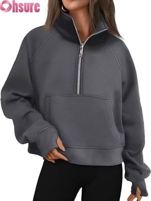 Moletom com capuz cropped de fleece com zíper 1/2 feminino personalizado | Moletom com zíper 1/4 de moda outono 2025