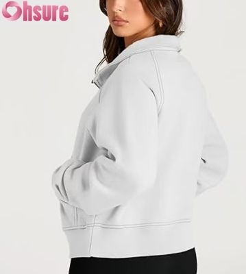 Moletom com capuz cropped de fleece com zíper 1/2 feminino personalizado | Moletom com zíper 1/4 de moda outono 2025