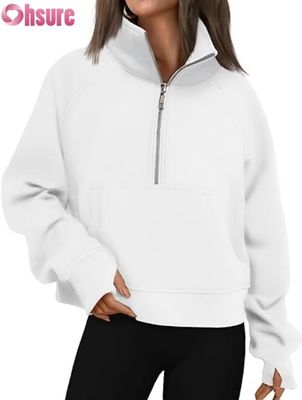 Moletom com capuz cropped de fleece com zíper 1/2 feminino personalizado | Moletom com zíper 1/4 de moda outono 2025