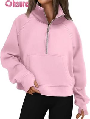 Moletom com capuz cropped de fleece com zíper 1/2 feminino personalizado | Moletom com zíper 1/4 de moda outono 2025