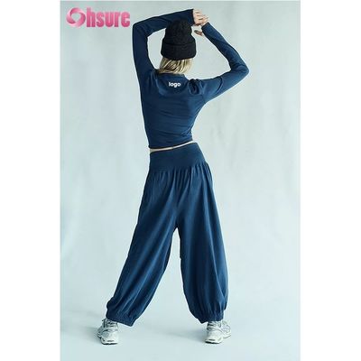 Top manga comprida esportivo feminino com orifício para o polegar, justo, leve, respirável, para corrida, roupa esportiva, cor sólida, top cropped e conjuntos de calças de corrida