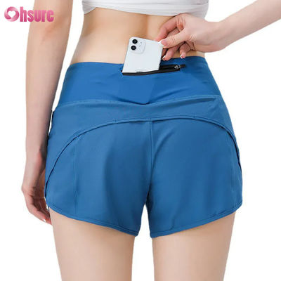 Shorts de roupa ativa feminina de alta qualidade, roupa atlética, shorts de corrida femininos, shorts de suor de ginástica de nylon e spandex com bolsos
